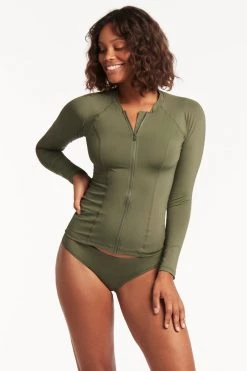 Eco Essentials Khaki Tankinis Eco Essentials Long Sleeve Rash Vest - Full Zipper