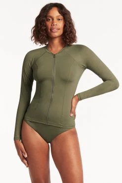 Eco Essentials Khaki Tankinis Eco Essentials Long Sleeve Rash Vest - Full Zipper