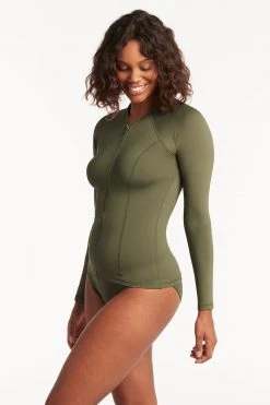 Eco Essentials Khaki Tankinis Eco Essentials Long Sleeve Rash Vest - Full Zipper