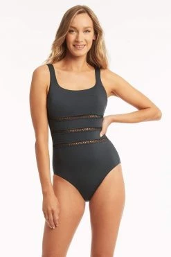 Lola Shimmer Charcoal One Pieces Lola Shimmer Square Neck One Piece